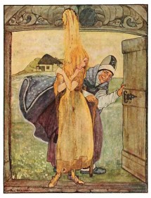 Illustration by Rie Cramer There are 700 local variations of this tale. The illustration of the good sister being showered with gold comes from the Grimm Bros version of the tale. It is by Dutch artist Rie Cramer and comes from an edition of the tales published in 1927.