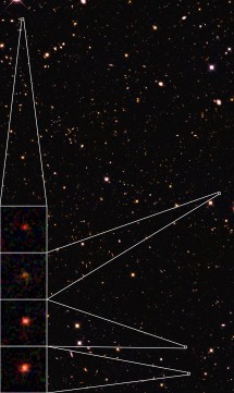 UDS (UKIDDS Ultra Deep Survey) astronomical field,
with four of the 15 mature galaxies, based on the infrared light of
NASA's Hubble Space Telescope. The galaxies exhibit the typical red
colors of mature galaxies. Most of the other galaxies in the image are
much closer. Credit Caroline Straatman.