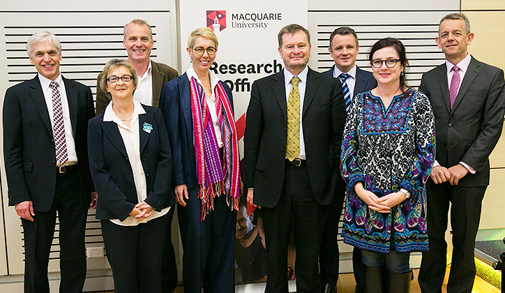  [L-R] DVC Research Professor Sakkie Pretorius; Margaret Hudson (Director, Corporate Engagement); Dr Tim O’Meara (Australia and New Zealand Regional Research Leader, GE Healthcare); Louise Fleck (Director Research Office); Brian Smyth-King (Executive Director, Learning and Engagement, NSW Department of Education); Michael Ackland (CEO, GE Healthcare); Bridgette Van Leuven, (Head of Children, Families and Creative Learning, Sydney Opera House) and DVC Corporate Engagement and Advancement Professor David Wilkinson. (Not pictured: Guest speaker - Brad Walsh (CEO, Minomic).