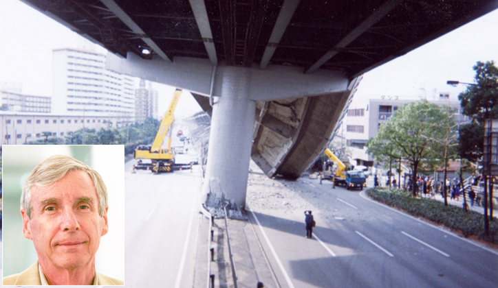  An elevated expressway which collapsed 17 January 2015 during the Kobe, Japan earthquake. Photo: Taken by Professor Paul Somerville [inset] who was in neighbouring Osaka at the time of the earthquake.