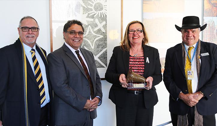  2015 Stanner Award – AIATSIS Principal Mr Russell Taylor AM, Deputy Vice-Chancellor (Indigenous Strategy and Services), University of Sydney Professor Shane Houston, 2015 W E H Stanner Award winner Dr Virginia Marshall, and AIATSIS Chairperson Professor Mick Dodson AM.
