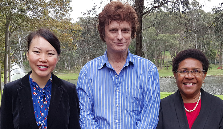  [L-R] Macquarie PhD candidate and MGSM MBA alumna, Justine Wang, Professor John Croucher, MGSM, and Papua New Guinea’s Divine Word University Deputy Vice-Chancellor, Professor Cecilia Nembou.