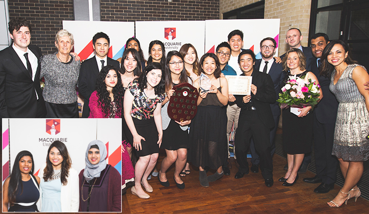  2015 Student Group of the Year – AIESEC Macquarie University with Deputy Vice-Chancellor (Students and Registrar), Deidre Anderson (second from left), and other staff from the portfolio who support student group success . [Inset] Equity and Diversity Award winners - Women in Science and Engineering at Macquarie.