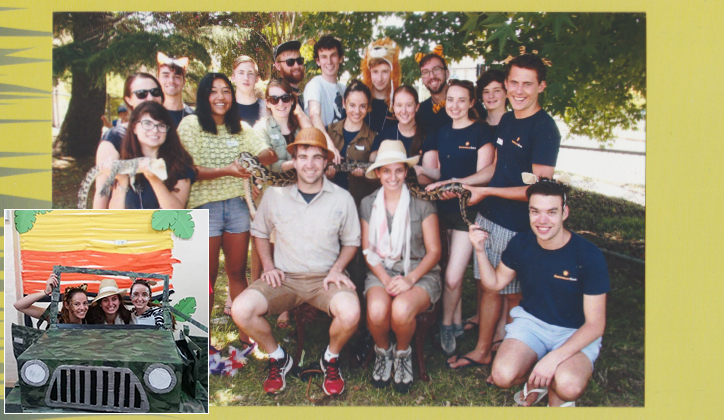  Amy Macintyre [pictured centre] up close and personal with a python. [Inset] Amy in her homemade safari Jeep [left].