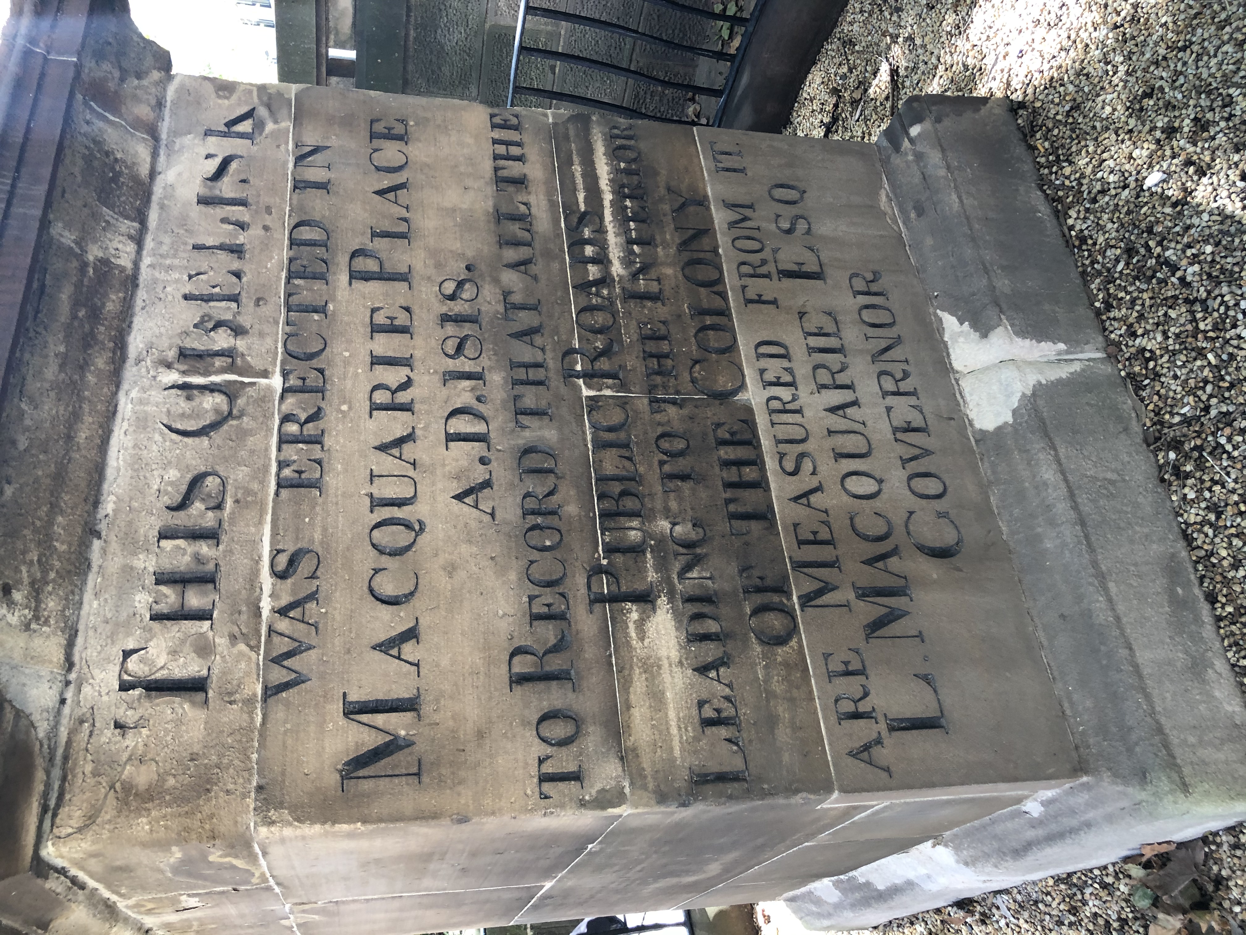 close up of text inscribed on an obelisk in Sydney