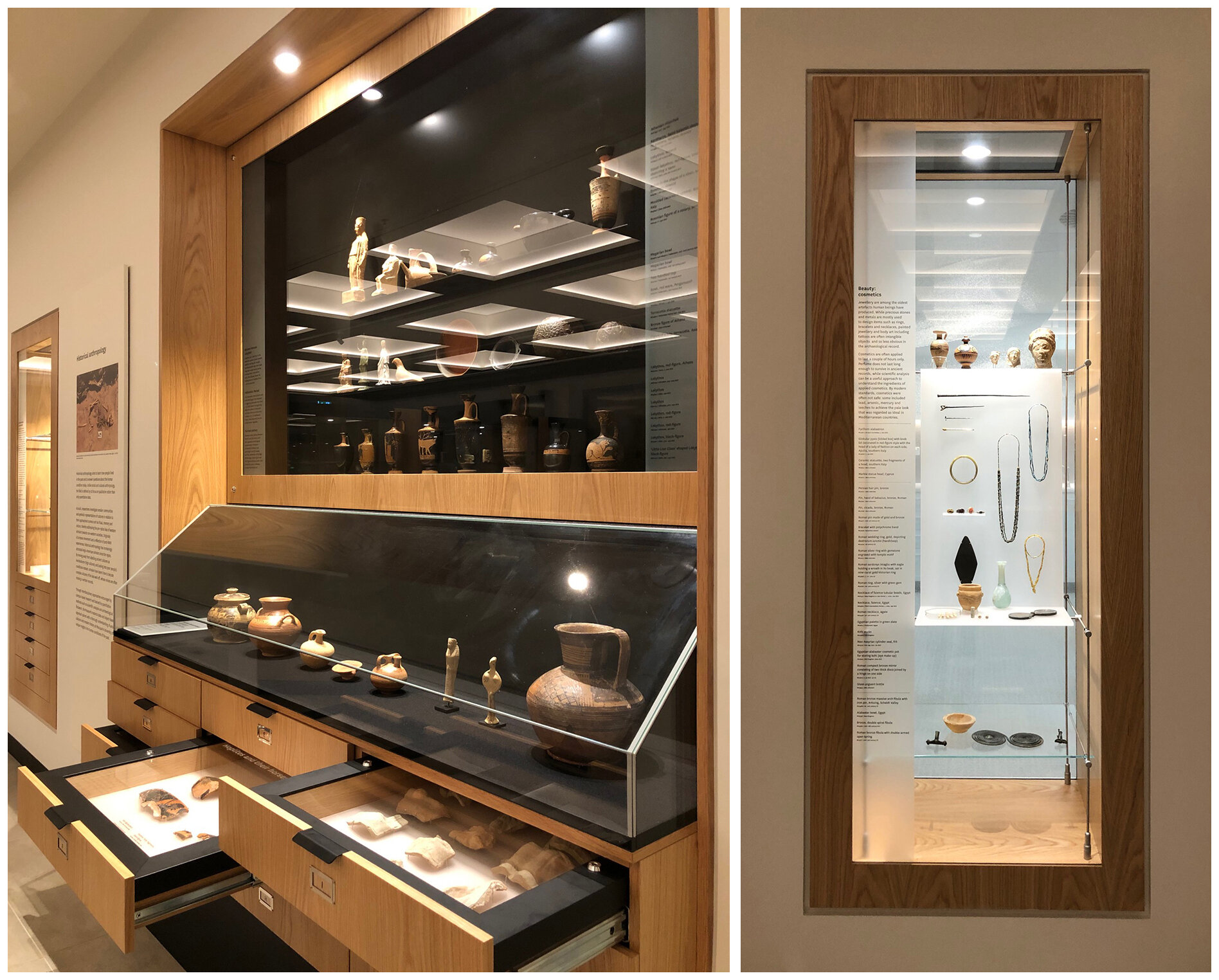 Two photographs of museum cases. The first case contain a glass display section and drawers. Museum case contains complete examples of pottery. Drawers contain examples of pottery sherds. The second case contains examples of jewelry found in the Ancient world.