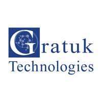 The logo for Gratuk Technologies: "Gratuk Technologies" in dark blue, with the 'G' in white in a dark blue square, reminiscent of an illuminated manuscript, decorated with lines and dots like a model of a molecular structure.