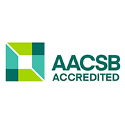 The logo for the Association to Advance Collegiate Schools of Business, a square in various shades of green and the words AACSB Accredited.