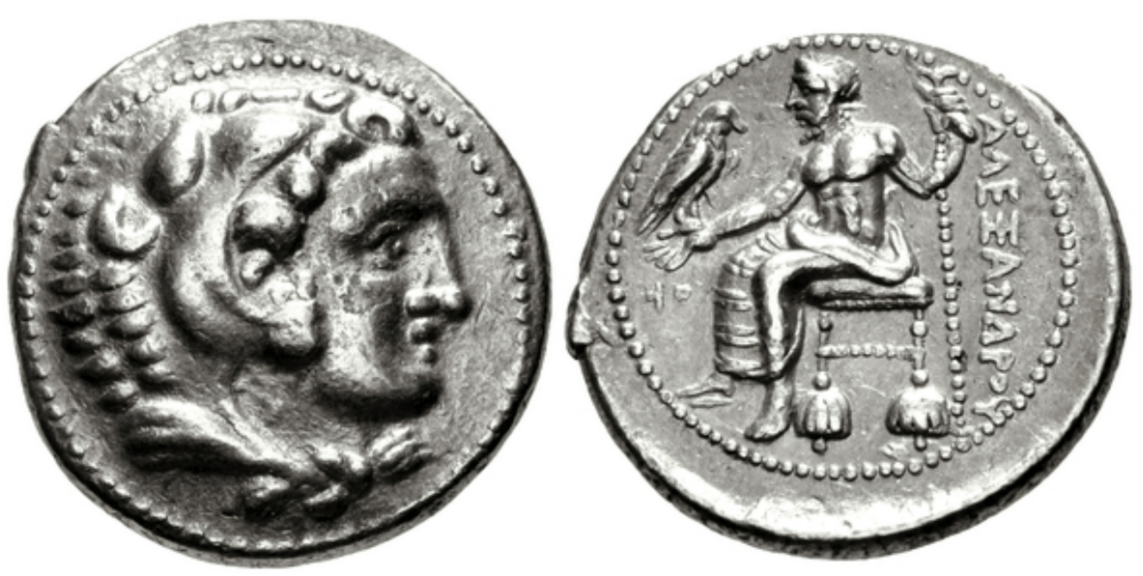 Image of silver Tyrean tetradrachm, head of Heracles on obverse and seated Zeus on reverse