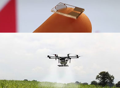 Combined image of a sensor on a fingertip and a drone spraying grass