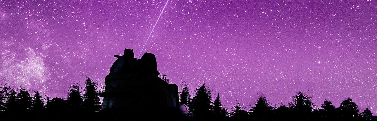 A black skyline with trees and an observatory, and a purple starry sky above.