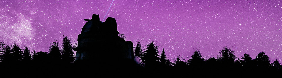 A black skyline with trees and an observatory, and a purple starry sky above.