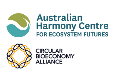 The Australian Harmony Centre for Ecosystem Futures logo containing a blue and green swirl, and the Circular Bioeconomy Alliance containing a weaving black and yellow circle.