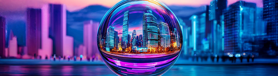 An AI generated image of a twilit cityscape brought into focus through a fish-eye lens.