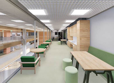 Render of new engineering building common area with green furniture and wooden accents