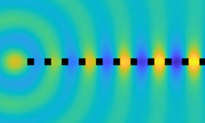 Acoustic wave simulation, stripes of colour between black squares
