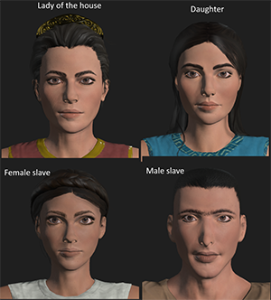 Faces of four 3D computer characters: lady of the house with red top and diadem, daughter with blue top and hair down, female slave with white top and braid, male slave with brown top and short hair