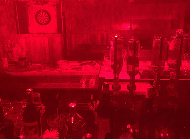 A holographic bar room, complete with dart board and bottles, made of red light.
