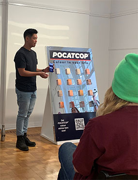 Tym Yee presenting his Pocatcop ‘People of Colour Swatches’ artwork at Woollahra Gallery, NSW.