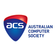The logo for The Australian Computer Society, the letters ACS on a blue inverted triangle with a stylised red sunrise along the top line.
