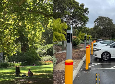 Combined image of a recreation park and electric vehicles charging