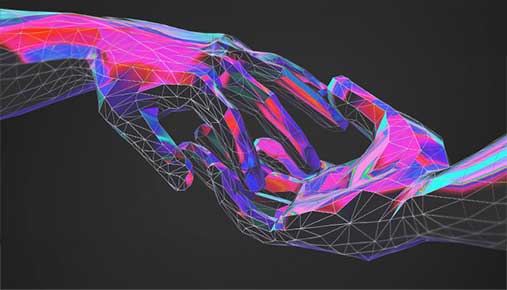 A digital artwork of two hands reaching out and touching, made from a grid-like structure