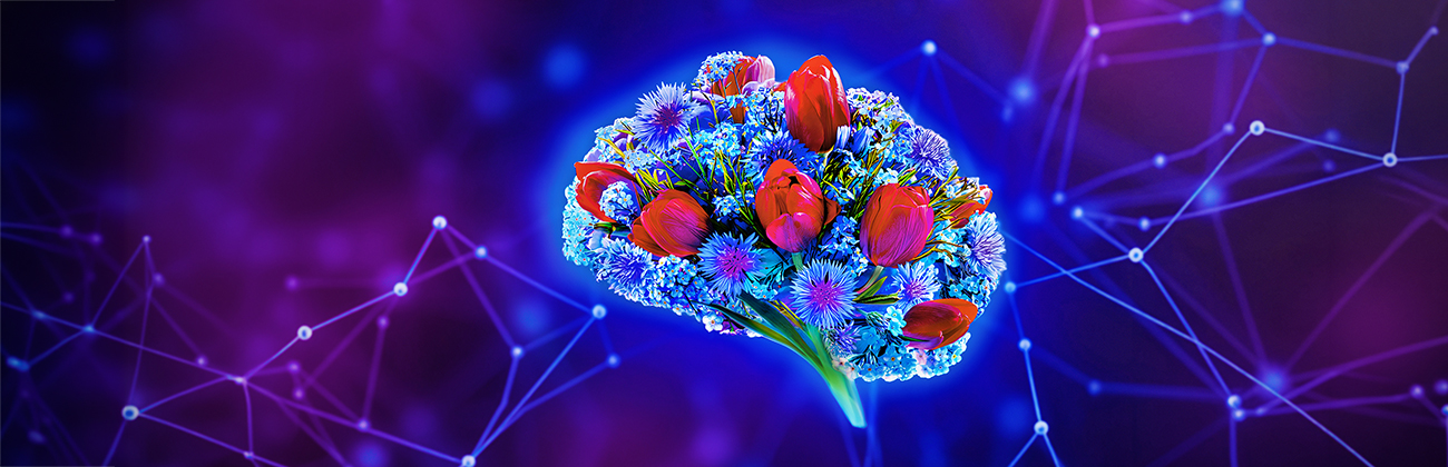 Graphic of a brain as a bunch of blue, red and purple flowers