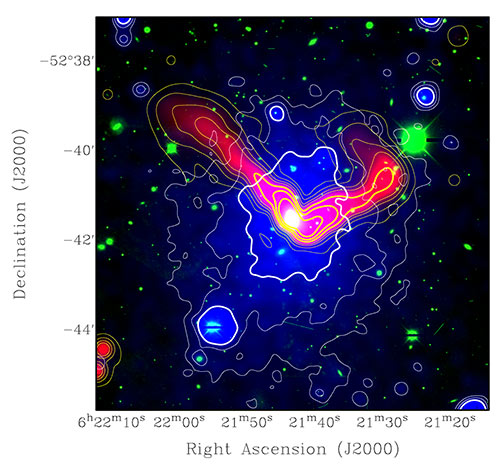 The Northern Clump as it appears in X-rays (blue, XMM-Newton satellite), in visual light (green, DECam), and at radio wavelengths (red, ASKAP/EMU). Copyright: Veronica et al., Astronomy & Astrophysics