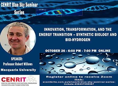Collage of an image of water and a photo of the speaker with text that reads Innovation, transformation, and the energy transition - Synthetic biology and bio-hydrogen