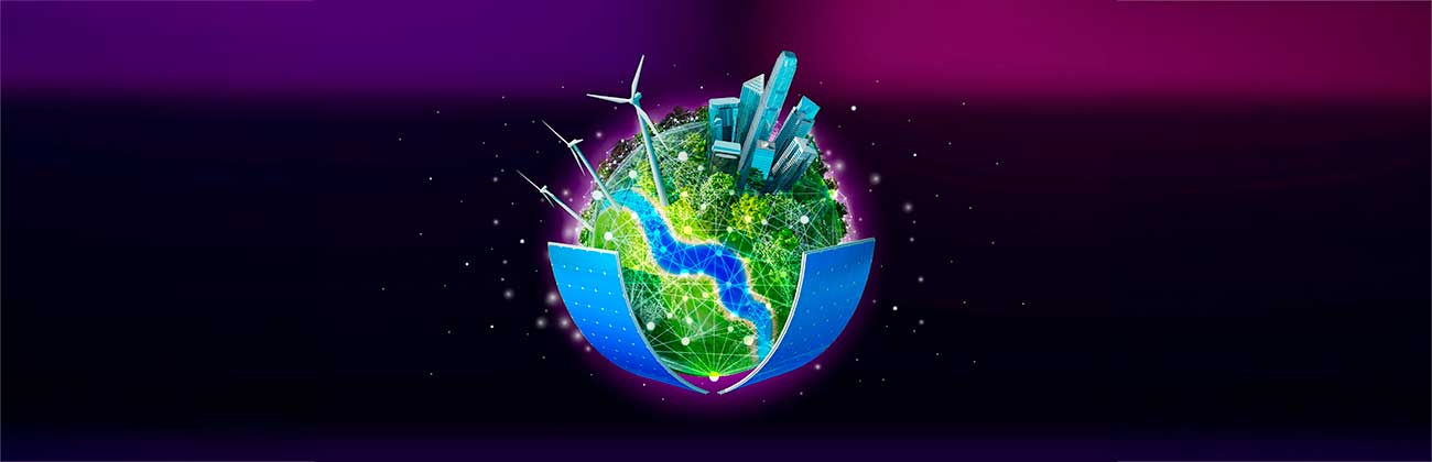 Graphic depicting Earth with a river, city and wind turbines