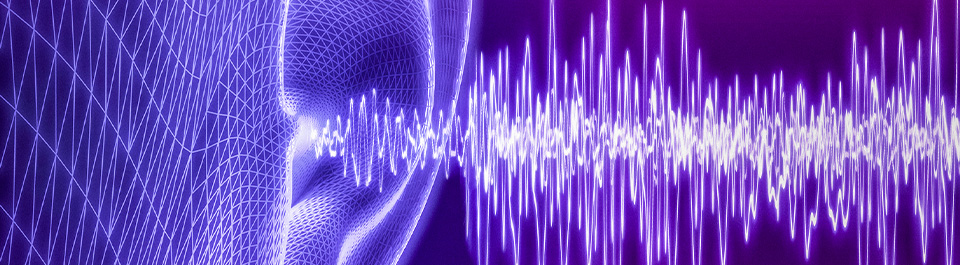 Purple digital art of an ear surrounded by soundwaves.