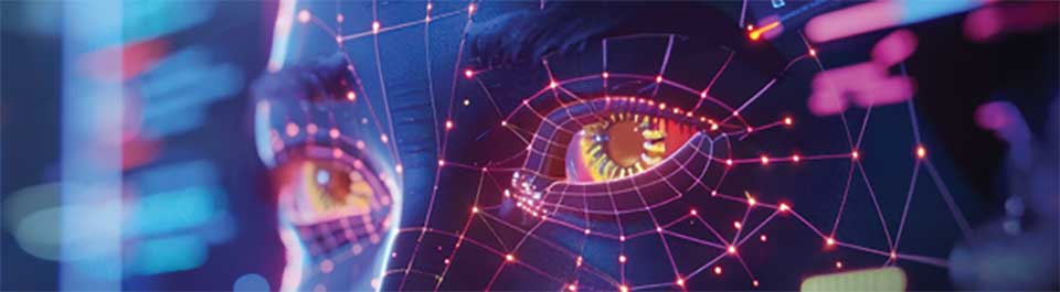 A digital image of a robot's head focusing on its eyes