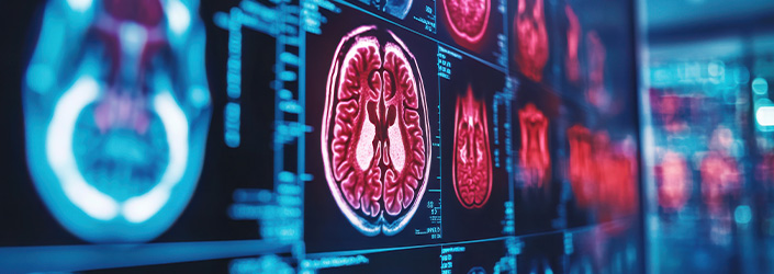 Brain scans across various screens showing highlighted nerves.