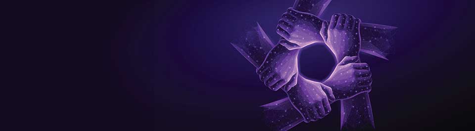 Five interlocked hands made of glowing white lines on a dark background.