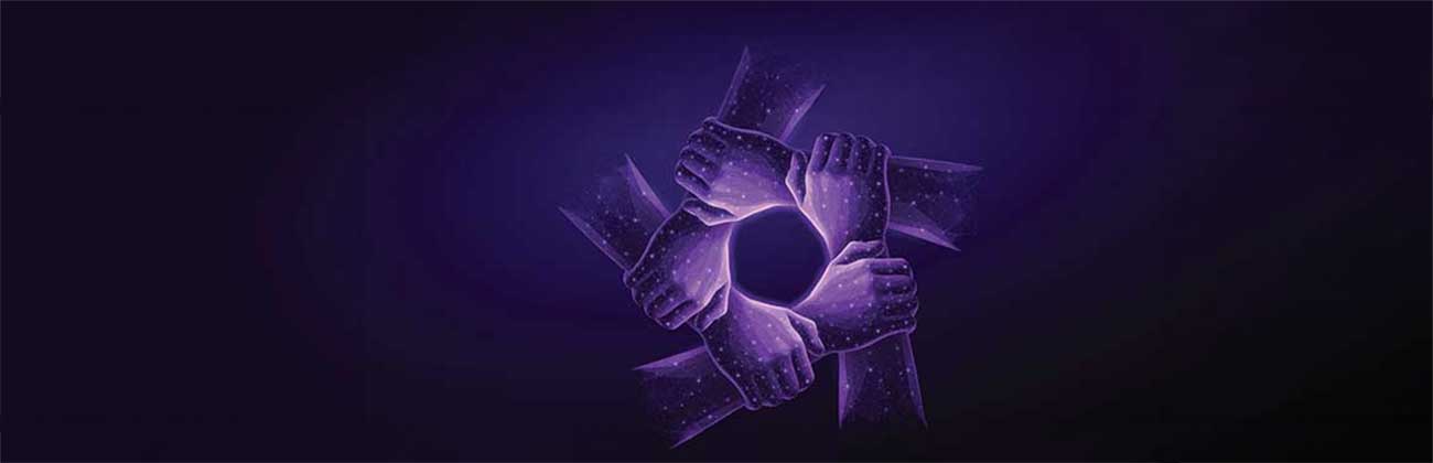 Five interlocked hands made of glowing white lines on a dark background.