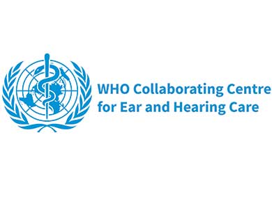 Logo with text that says: WHO collaborating centre for ear and hearing care