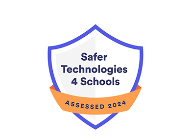The Safer Technologies for Schools badge: a purple outline of a shield with an orange banner across it that reads 'assessed 2024'.