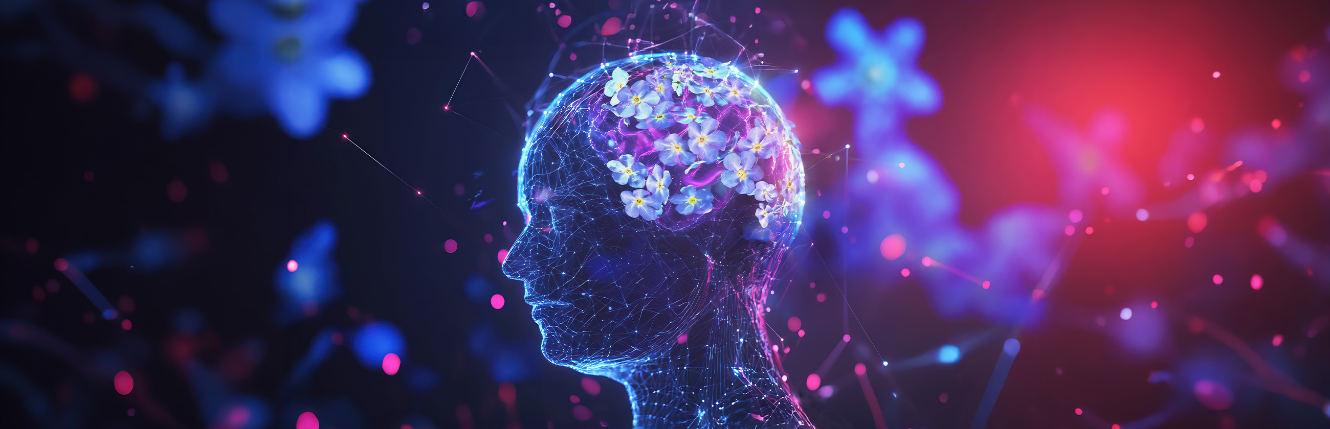 Colourful computer-generated image of a human head with blue and purple flowers in it