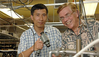 Yabai He and Brian Orr preparing to align an infared laser beam