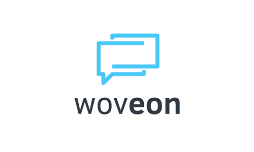The logo for Woveon, two rectangular blue interlinked speech bubbles above the word