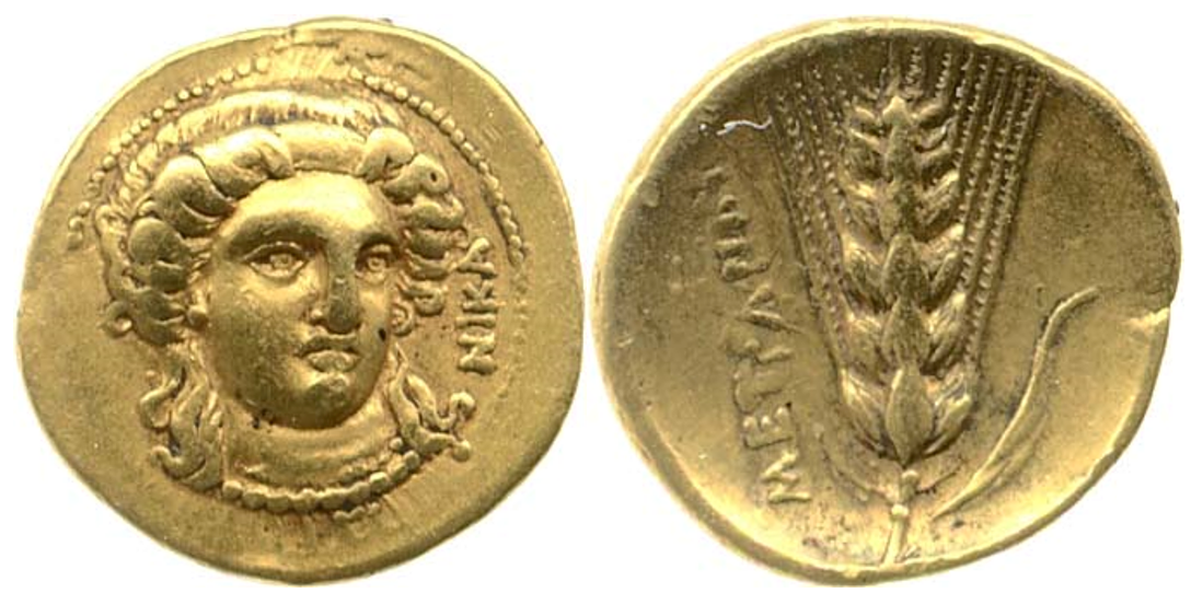 Image of gold Metapontum coin with Nike on obverse and ear of wheat on reverse