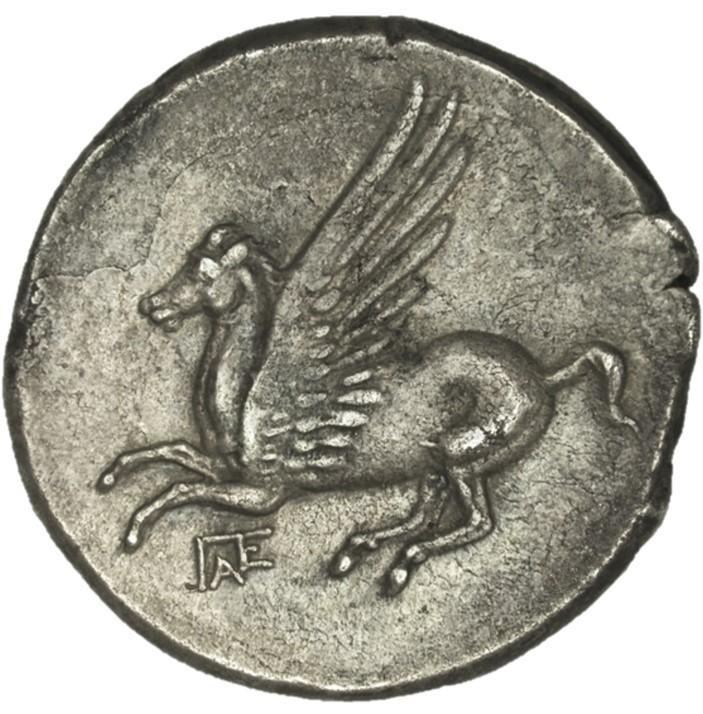 Obverse of silver pegasus stater on white background