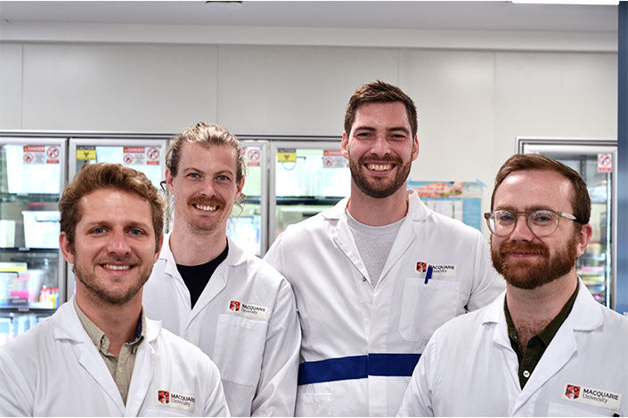 (L-R) Dr Dominik Kopp, Senior Metabolic Engineer, Number 8 Bio; Dr Silas Vick, Senior Microbiologist, Number 8 Bio; Dr Tom Williams, CEO & Co-founder, Number 8 Bio; Dr Alex Carpenter, CSO & Co-founder, Number 8 Bio