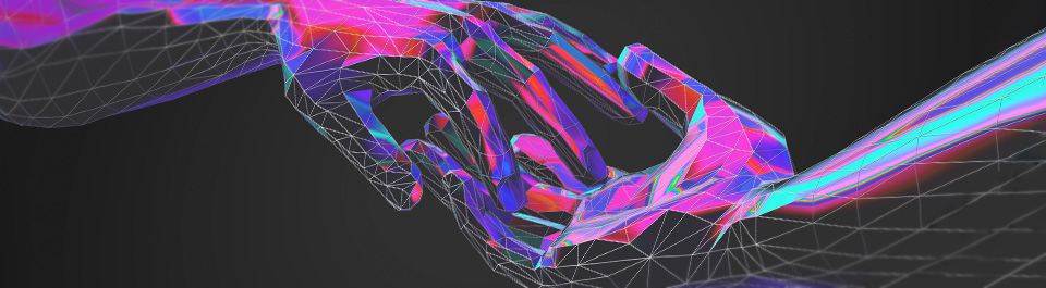 A digital artwork of two hands reaching out and touching, made from a grid-like structure.