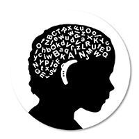 The logo for the Beyond Speech Workshop, a stylised black silhouette of a child's head wearing a white cochlear implant. There are dozens of jumbled white alphabet letters where the child's brain would be.