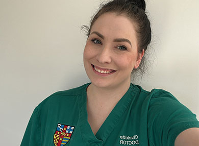 Dr Charlotte Officer in her Westmead Hospital scrubs