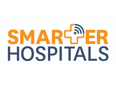 Smarter hospitals logo, with a healthcare cross and Wi-Fi symbol in the 'T' of 'Smarter'.