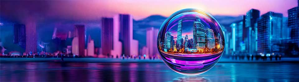 An AI generated image of a twilit cityscape brought into focus through a fish-eye lens.