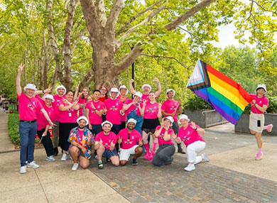 Group photo of the 2025 Sydney Gay and Lesbian Mardi Gras Festival MQ float