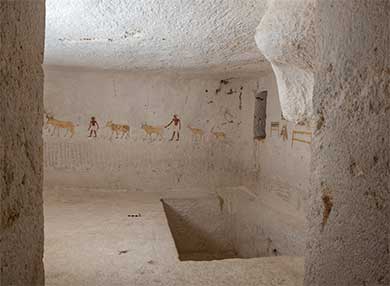 Inside photograph of the Beni Hassan, Burial chamber of Baqet II - showing drawings of animals and humans on the wall
